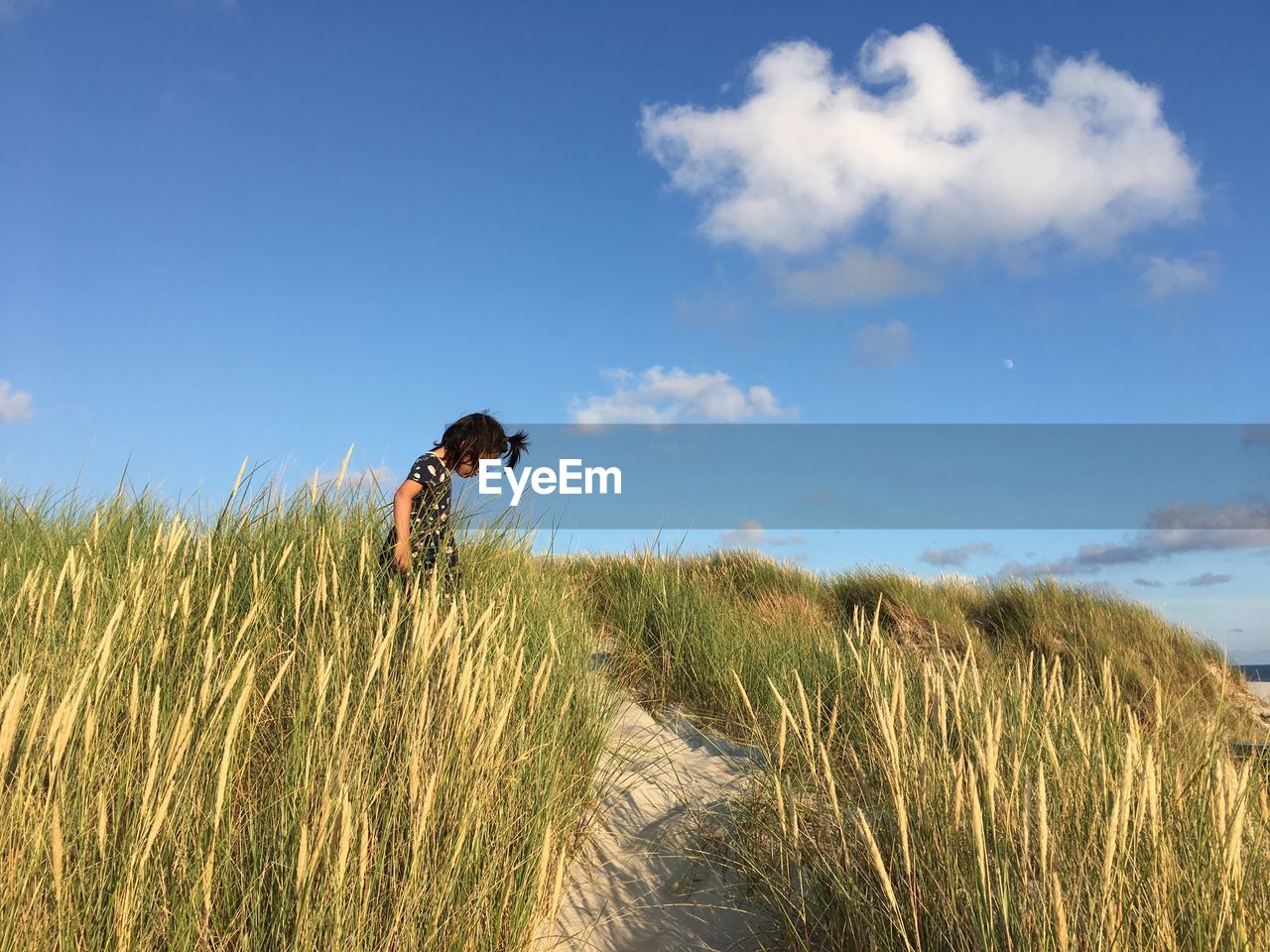 Girl standing on field against blue sky