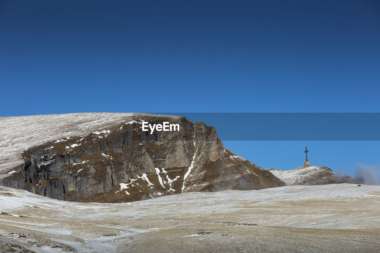 Rock formations against clear blue sky