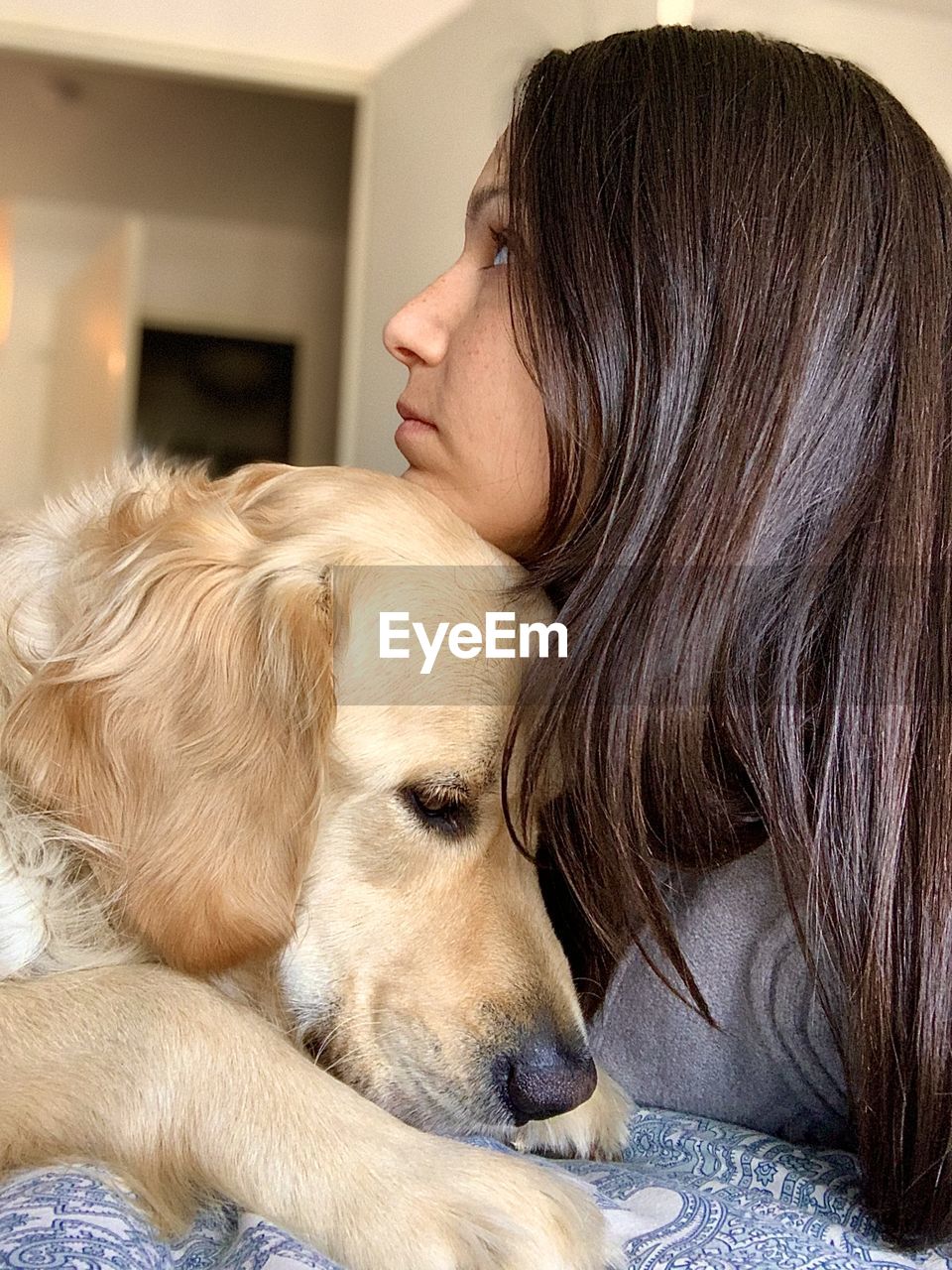 domestic animals, pet, dog, canine, mammal, one animal, animal themes, animal, one person, women, adult, love, nose, positive emotion, friendship, golden retriever, indoors, lifestyles, emotion, long hair, relaxation, hairstyle, domestic life, retriever, young adult, home interior, affectionate, brown hair, headshot, female, domestic room, happiness, puppy, child, smiling, bonding, carnivore, portrait, skin, embracing, furniture, teenager, side view, cute, looking