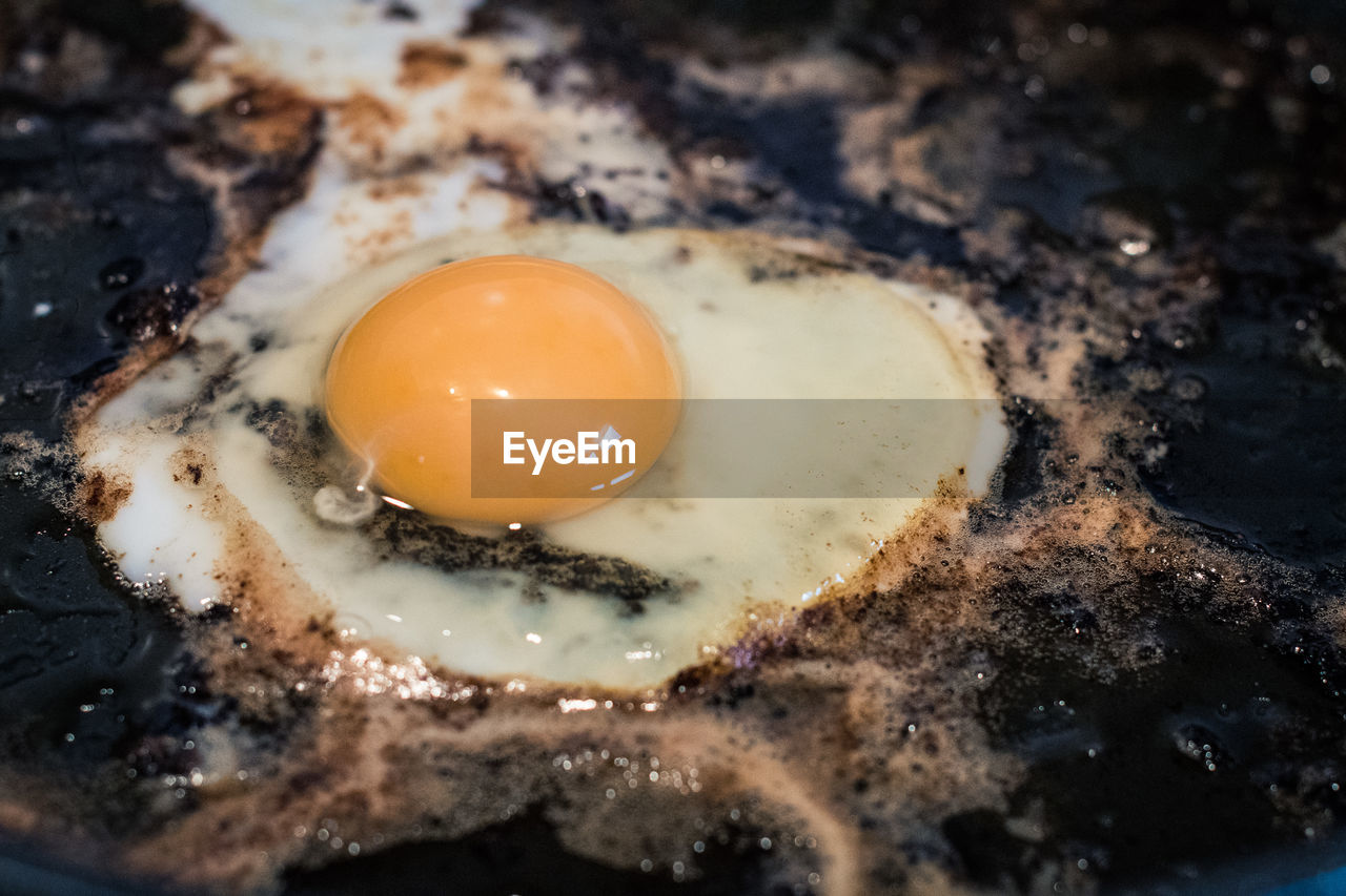 High angle view of egg in frying pan