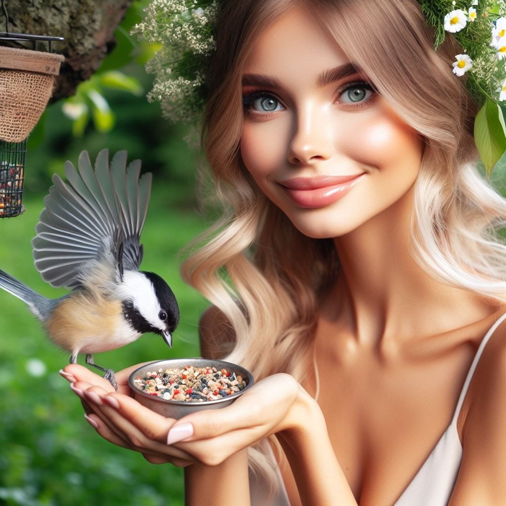 women, bird, adult, young adult, portrait, one person, smiling, happiness, beauty in nature, food, cute, animal, animal themes, plant, nature, clothing, female, fashion, holding, person, food and drink, looking at camera, long hair, hairstyle, summer, cheerful, flower, emotion, photo shoot, freshness, lifestyles, positive emotion, flowering plant, one animal, human face, outdoors, blond hair, wellbeing, elegance, human hair, portrait photography, brown hair, spring, looking