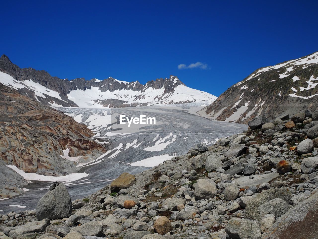 Scenic view of snowcapped mountain against blue sky