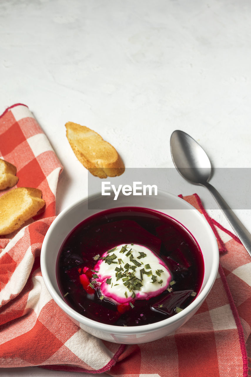 high angle view of food in bowl on table