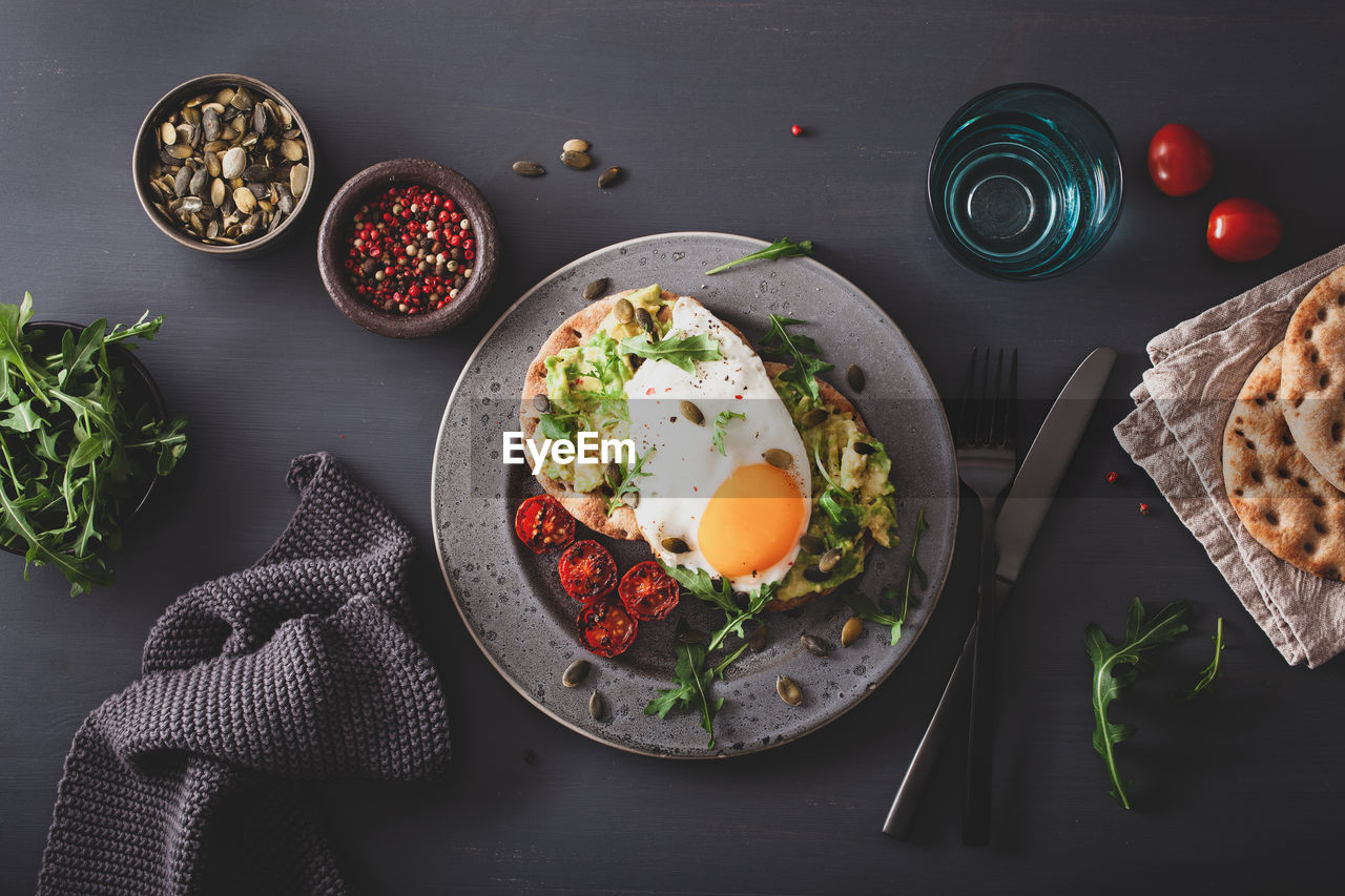 HIGH ANGLE VIEW OF BREAKFAST SERVED ON TABLE