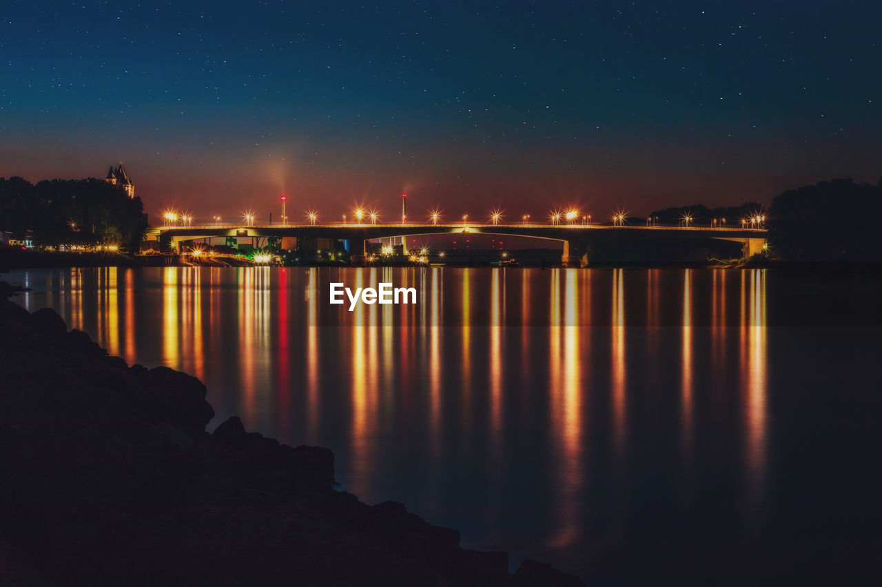 Scenic view of river against sky at night