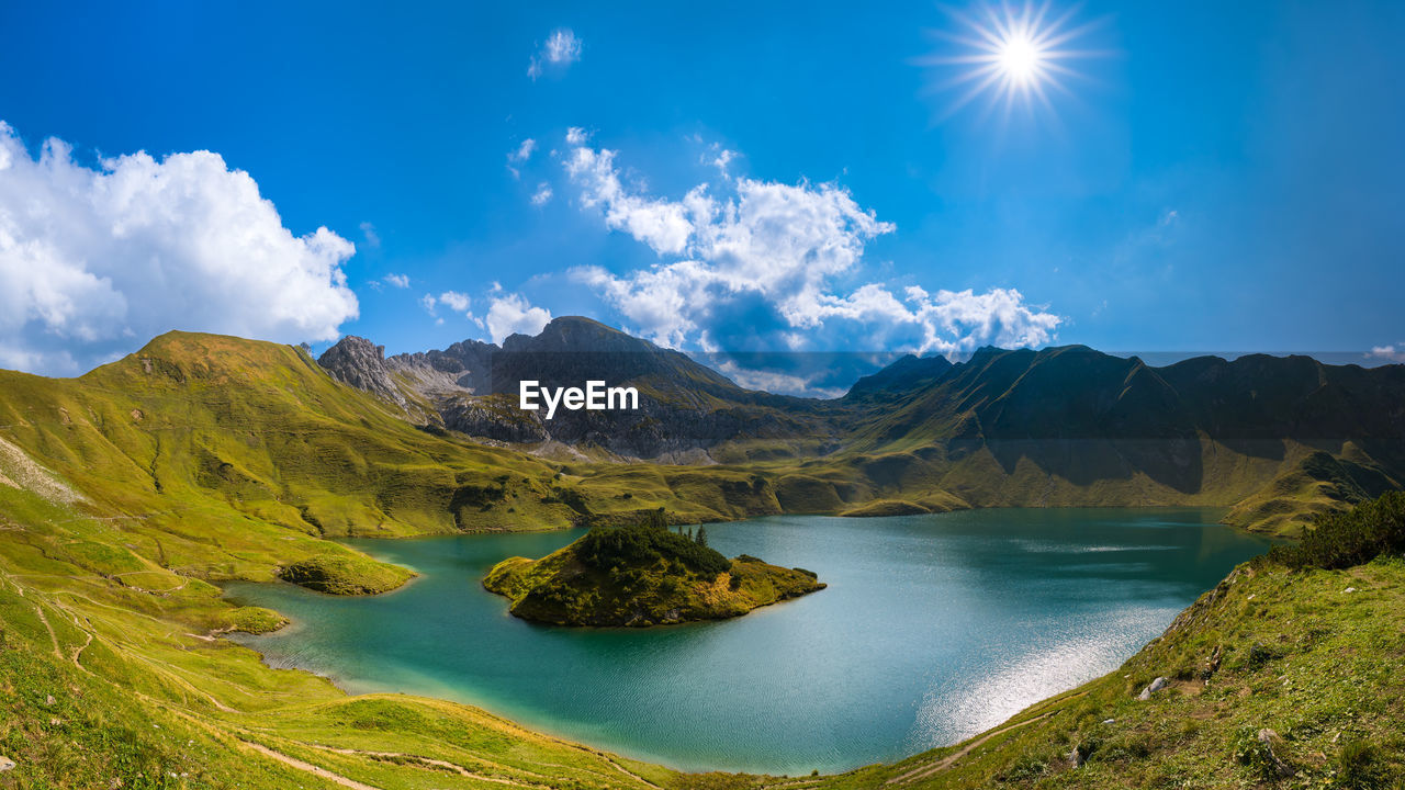 Scenic view of schrecksee lake in high alpine mountains on summer day