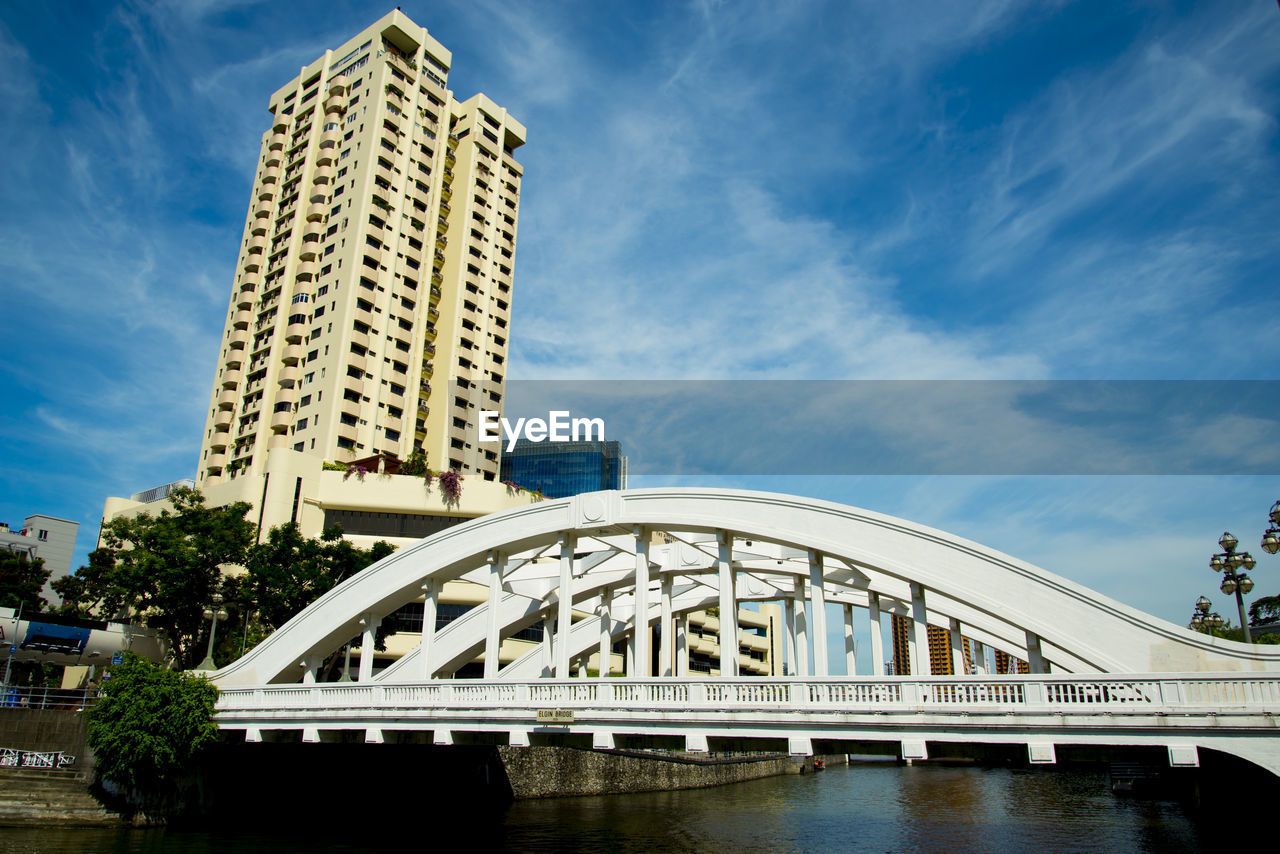 LOW ANGLE VIEW OF BRIDGE OVER RIVER AGAINST BUILDINGS