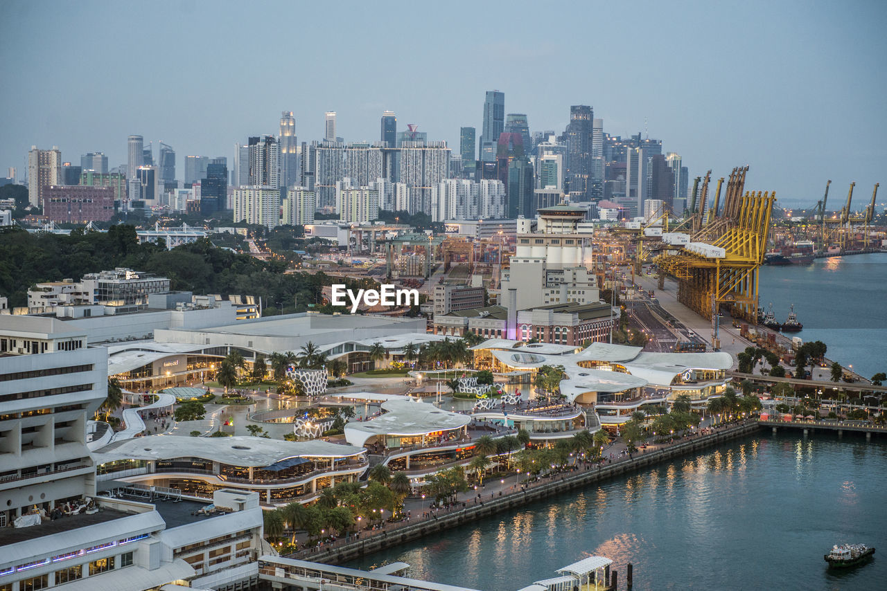 High angle view of city at waterfront