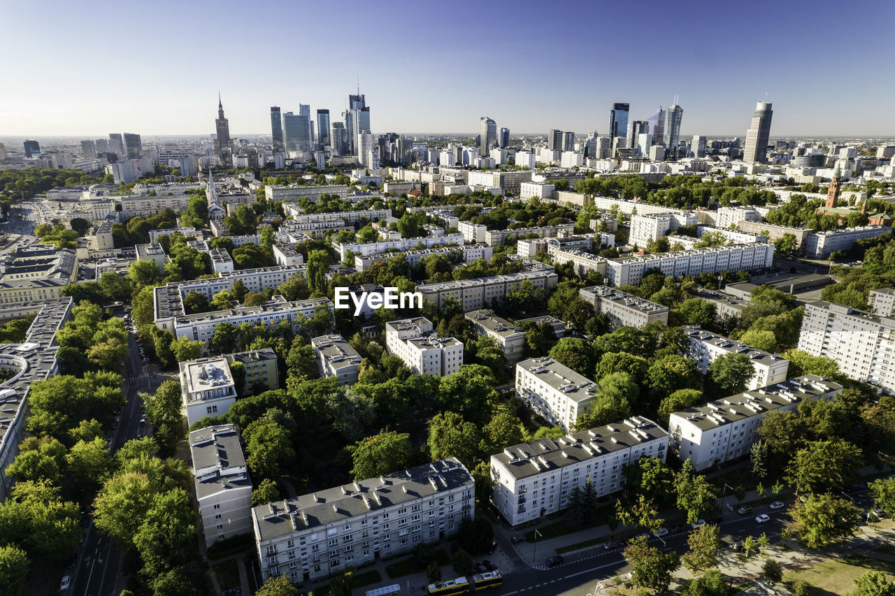 Beautiful panoramic drone view of the centre of modern warsaw with silhouettes of skyscrapers. 