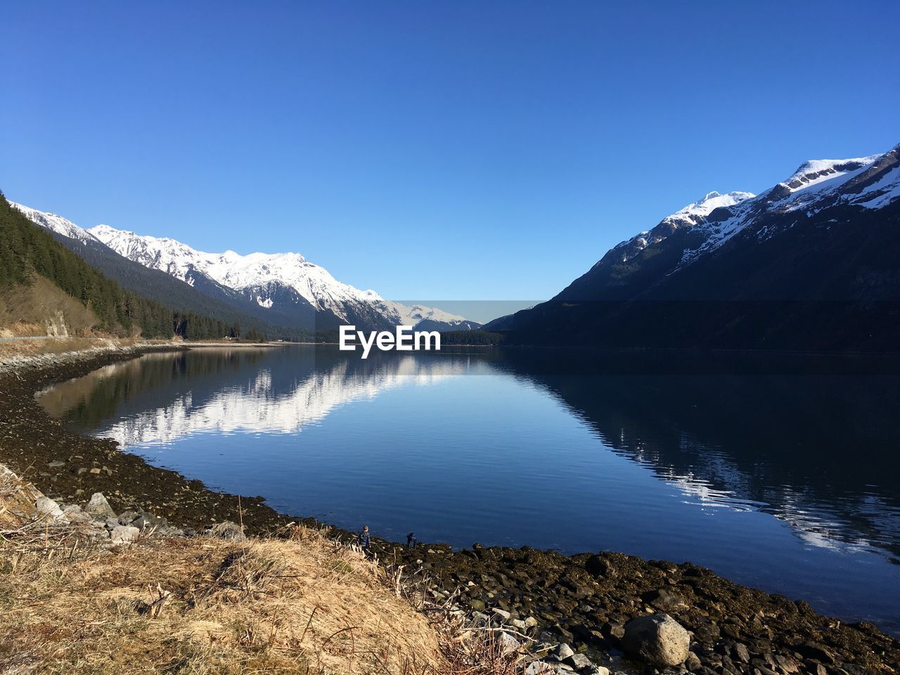 SCENIC VIEW OF LAKE BY MOUNTAINS AGAINST CLEAR BLUE SKY