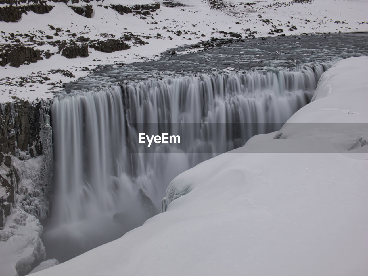 Scenic view of snow covered waterfall