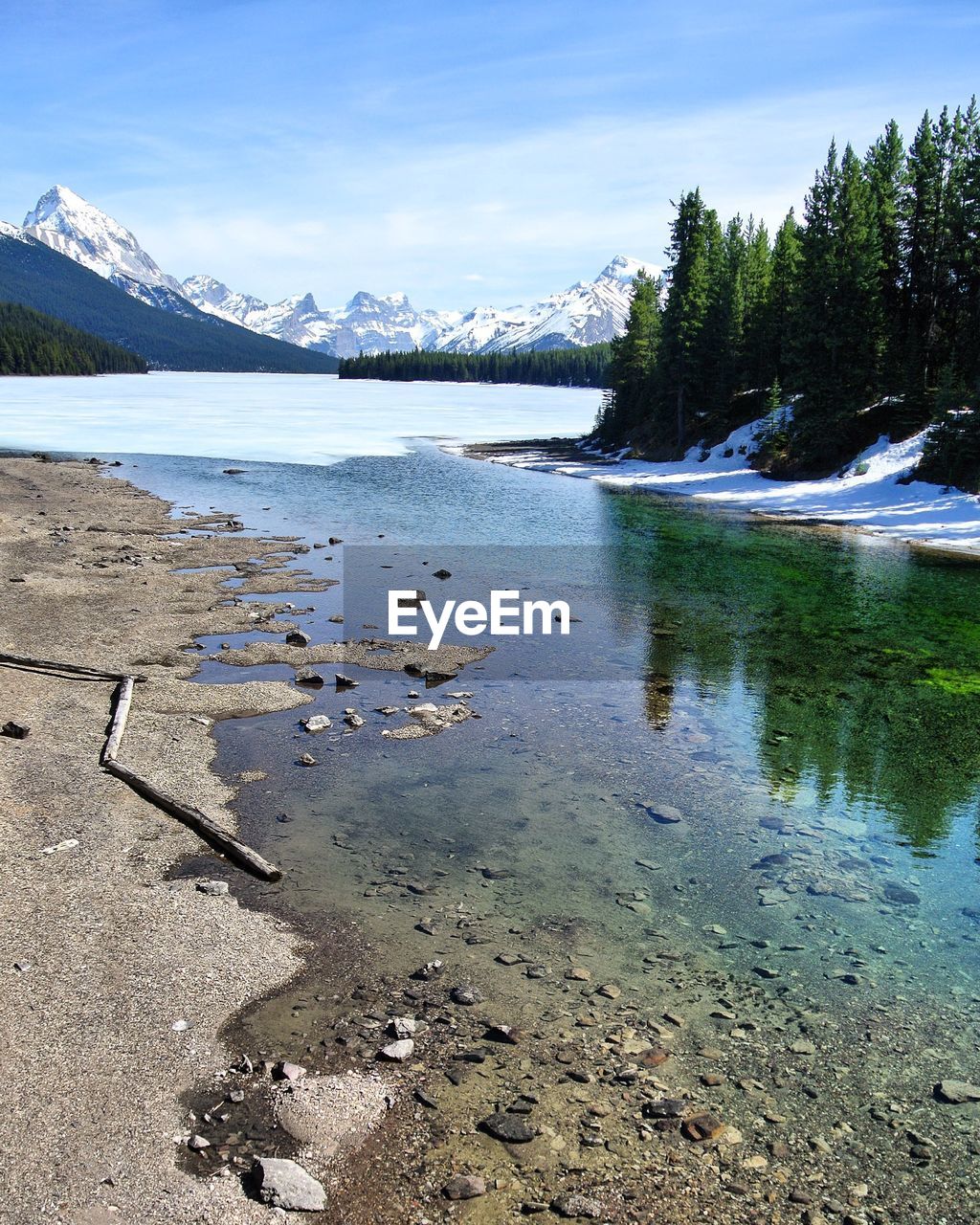 Scenic view of lake by snowcapped mountains against sky