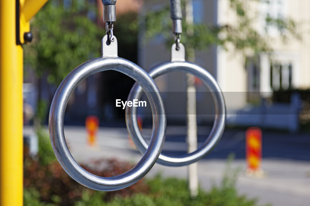 Metal rings to climb in at outdoor gym