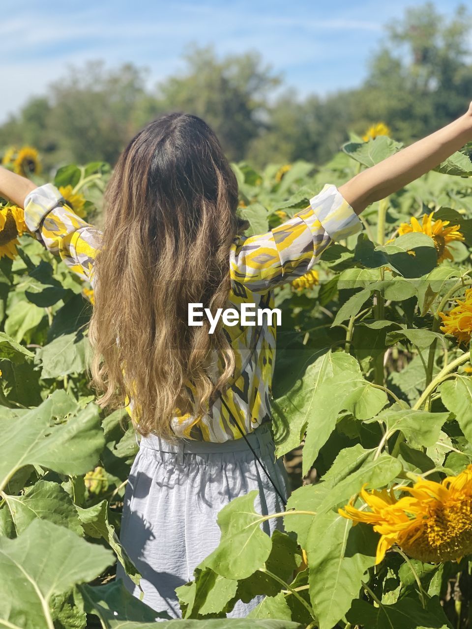 REAR VIEW OF WOMAN AGAINST PLANTS AND YELLOW FLOWERING PLANT