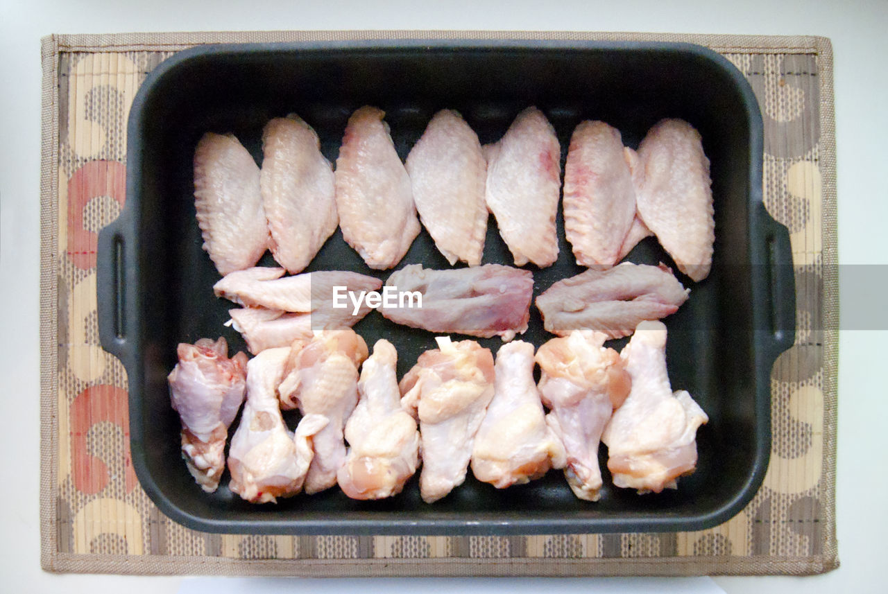 Directly above view of raw meat in tray on white background