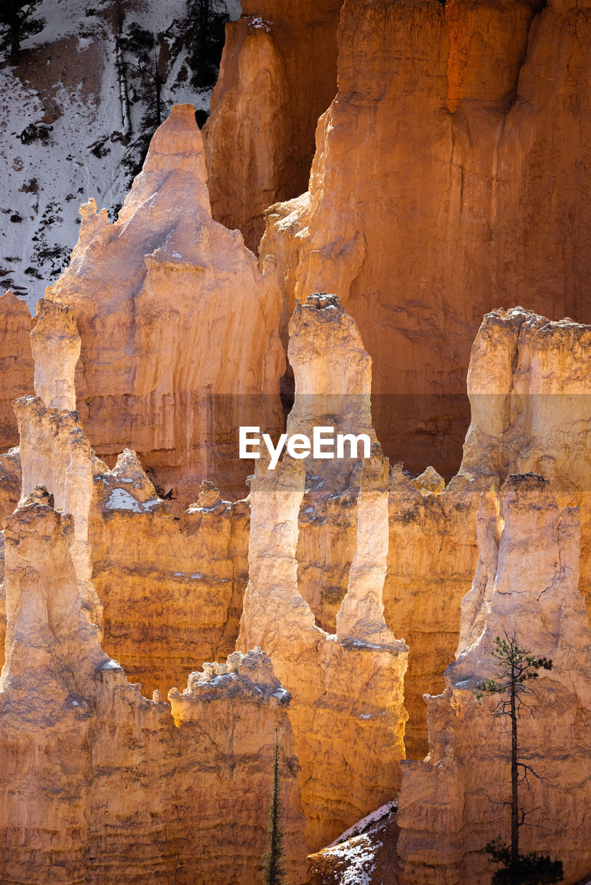 Close up telephoto zoom photo of bryce canyon national park hoodoos lit by sun.