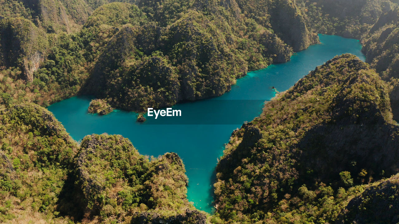 Aerial drone kayangan lake with blue water on tropical island coron. 