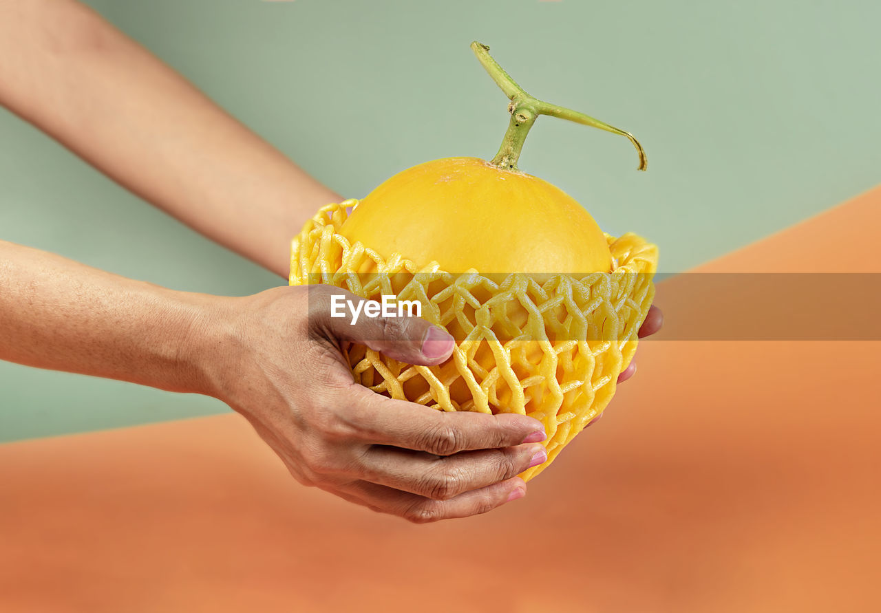 CLOSE-UP OF A HAND HOLDING FRUIT