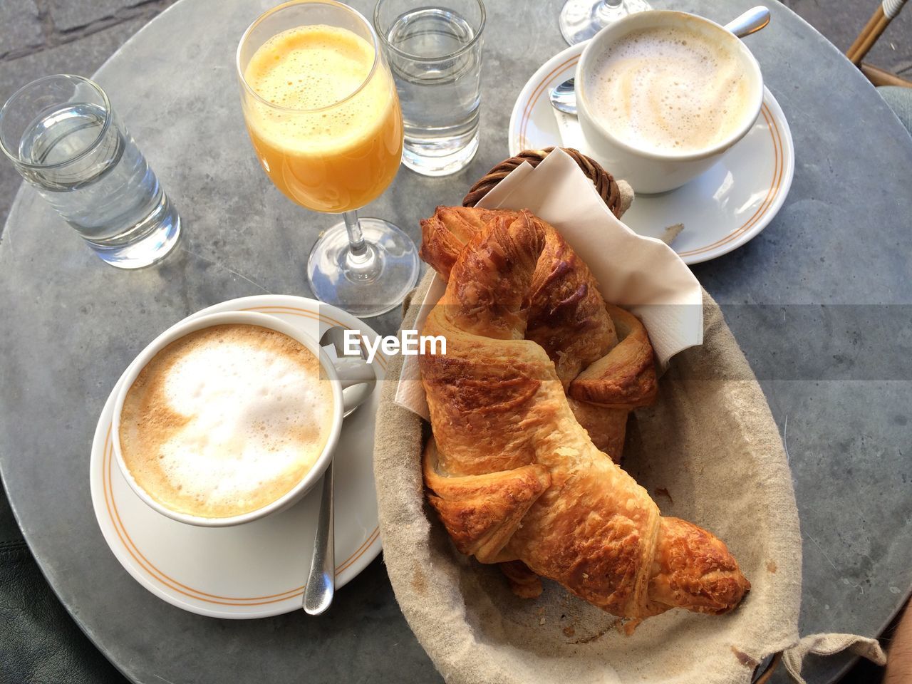 HIGH ANGLE VIEW OF BREAKFAST AND COFFEE ON TABLE