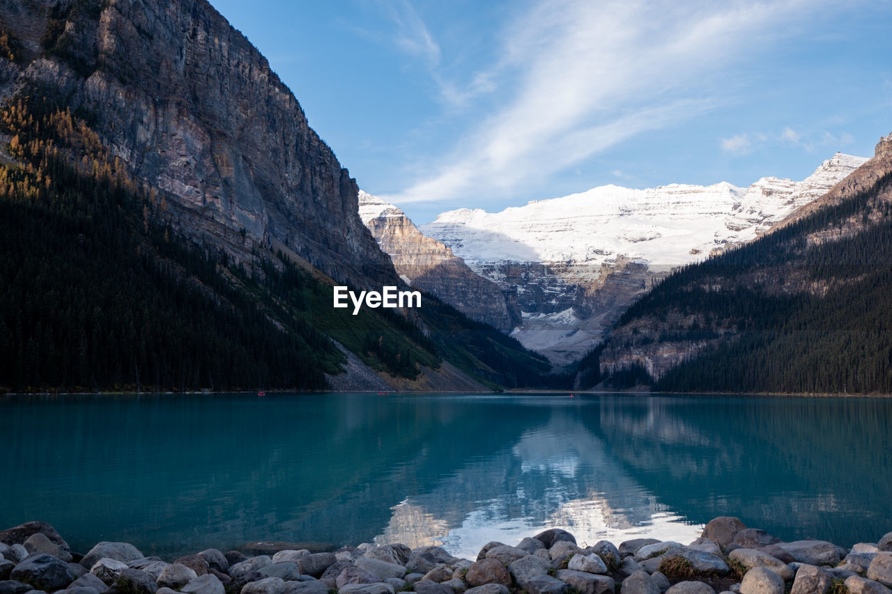 Scenic view of lake by mountains against sky