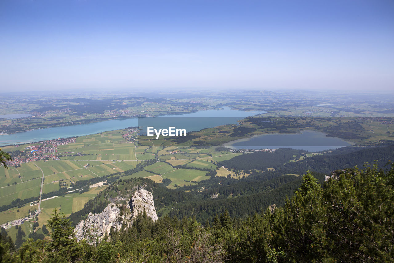 Panorama of bavarian lake forggensee from above, tegelberg