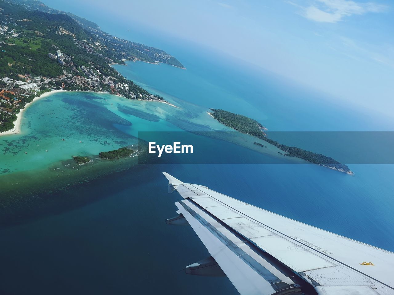 High angle view of island in sea against sky