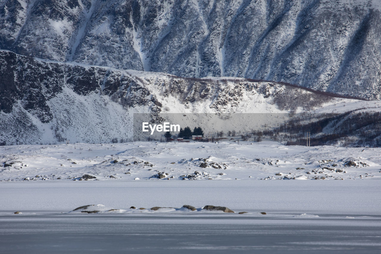 SCENIC VIEW OF SEA BY SNOWCAPPED MOUNTAIN