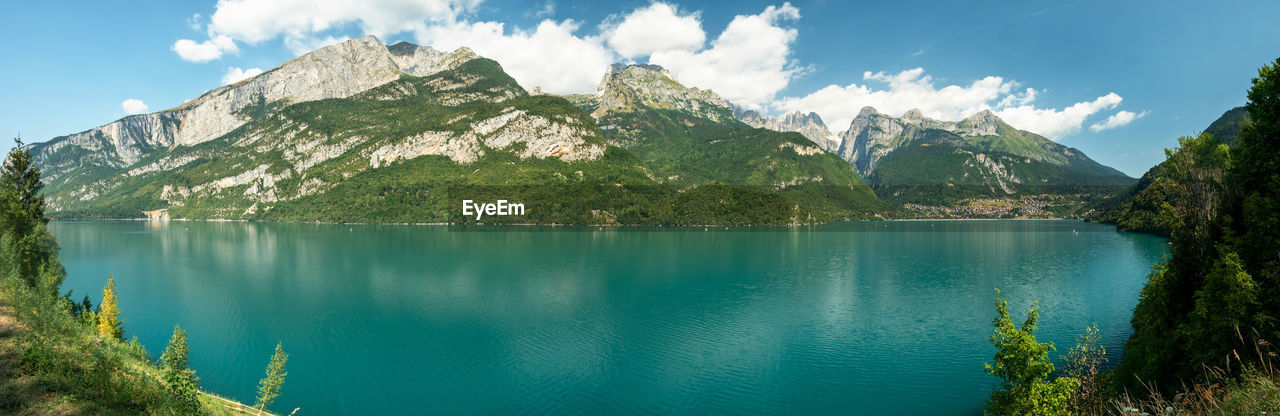Panoramic view to lake molveno in trentino region.  view from road  san lorenzo in banale, italy