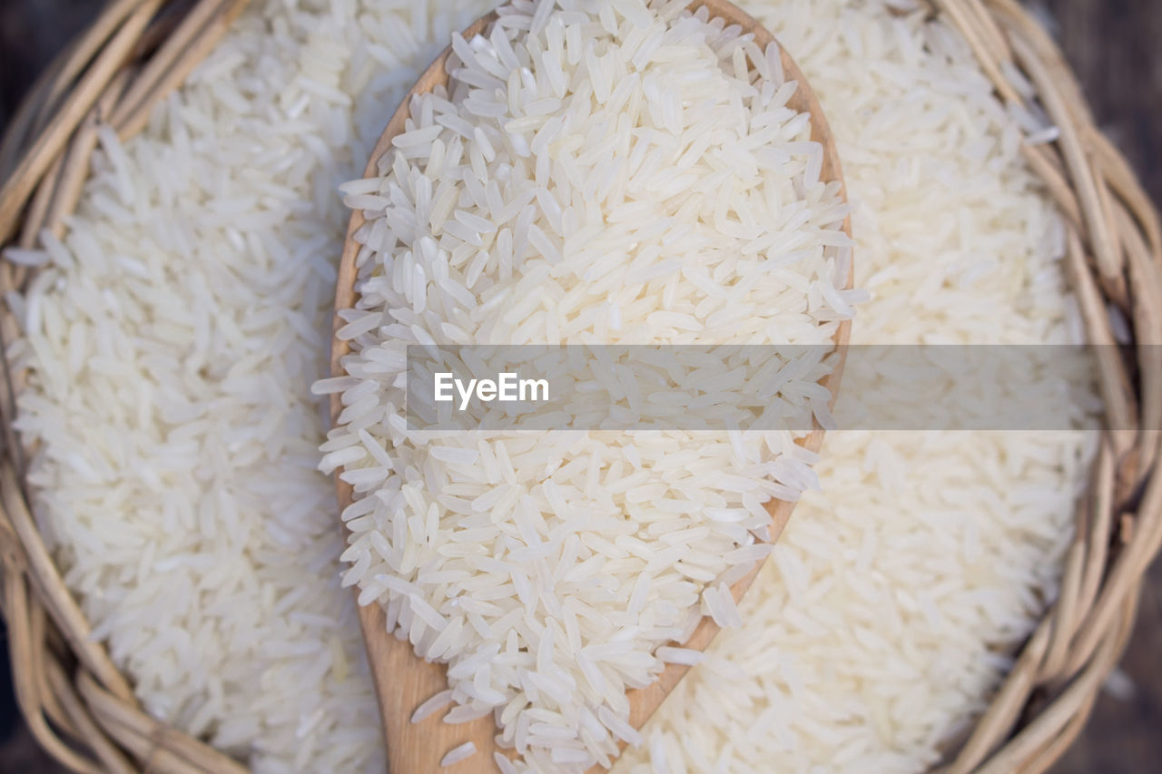 HIGH ANGLE VIEW OF WHITE RICE IN BASKET