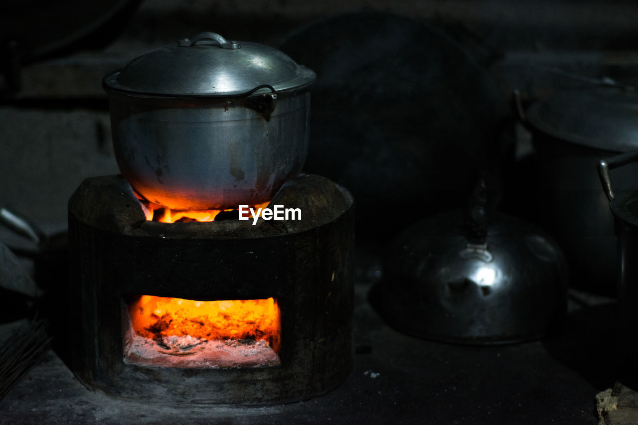 Close-up of cooking utensil on stove