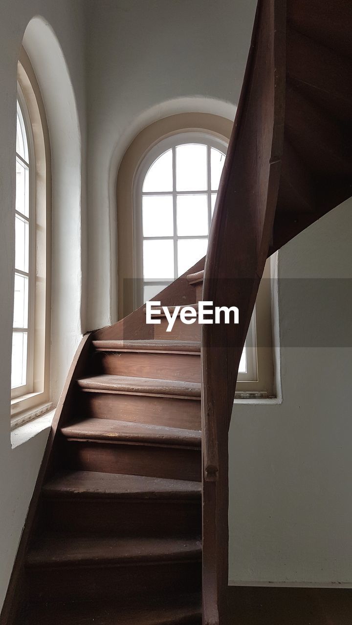 Close-up of wooden staircase in old building