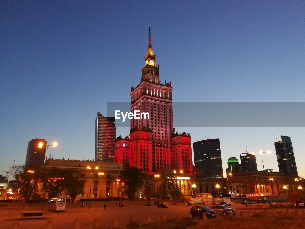 View of city buildings at night