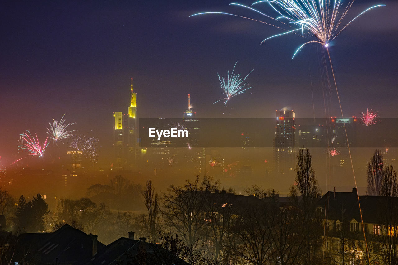 The frankfurt skyline with firework at new years eve