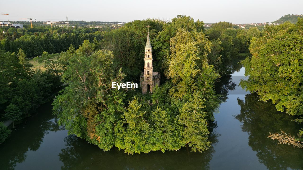 high angle view of trees in lake against sky