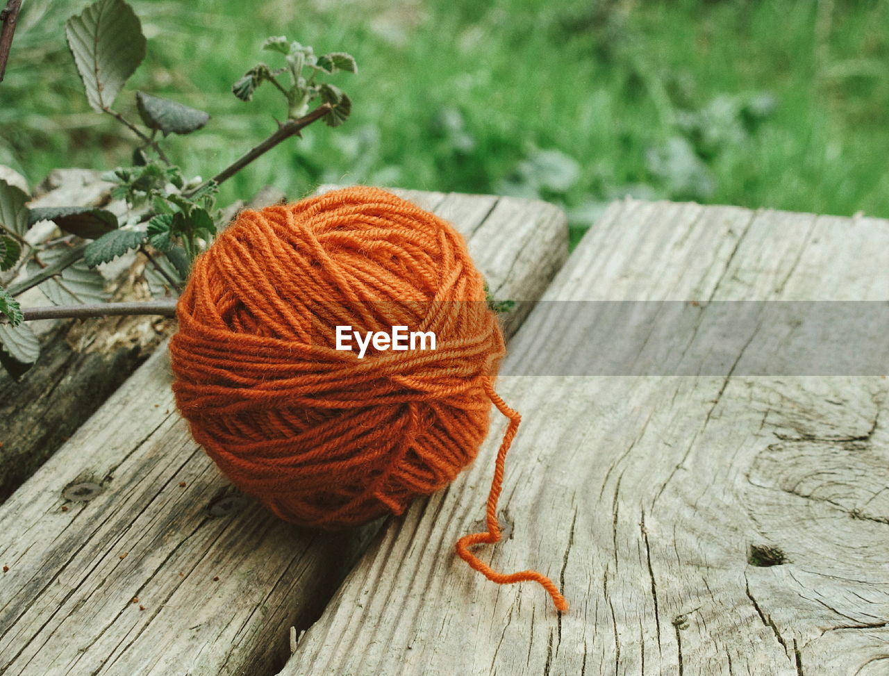 High angle view of orange wool ball on wooden table