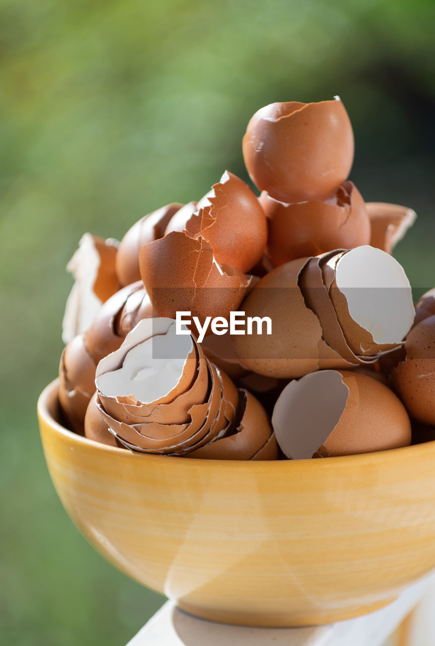 Close-up of broken eggs in bowl on railing