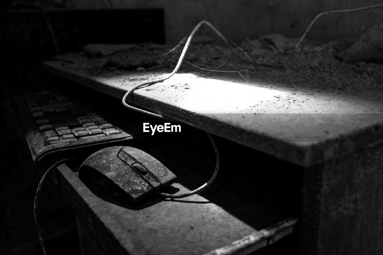 Close-up of abandoned piano