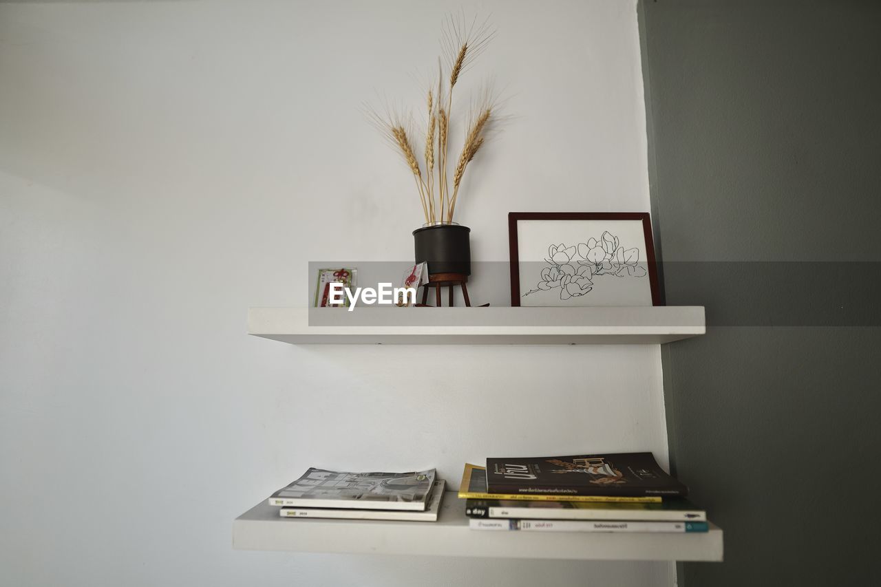 indoors, shelf, furniture, room, table, interior design, no people, wall, publication, home interior, book, art, desk, living room, plant, business, still life, office, wall - building feature, white, creativity