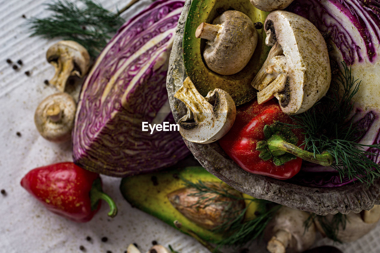 Close-up of raw vegetables on table