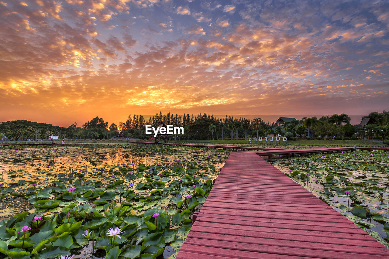 Scenic view of lake against cloudy sky during sunset