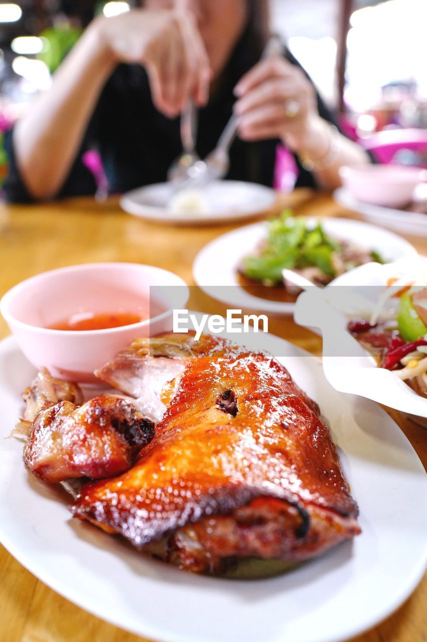 Close-up of meal served on table in restaurant