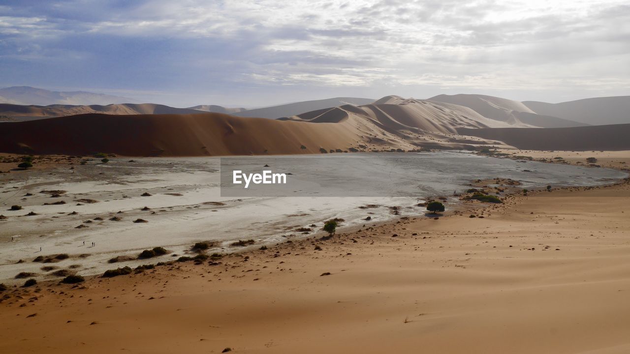 Scenic view of desert against cloudy sky