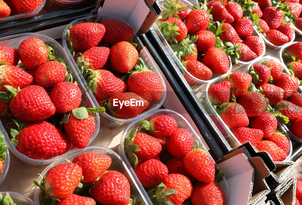 Red ripe strawberries in the small boxes at local