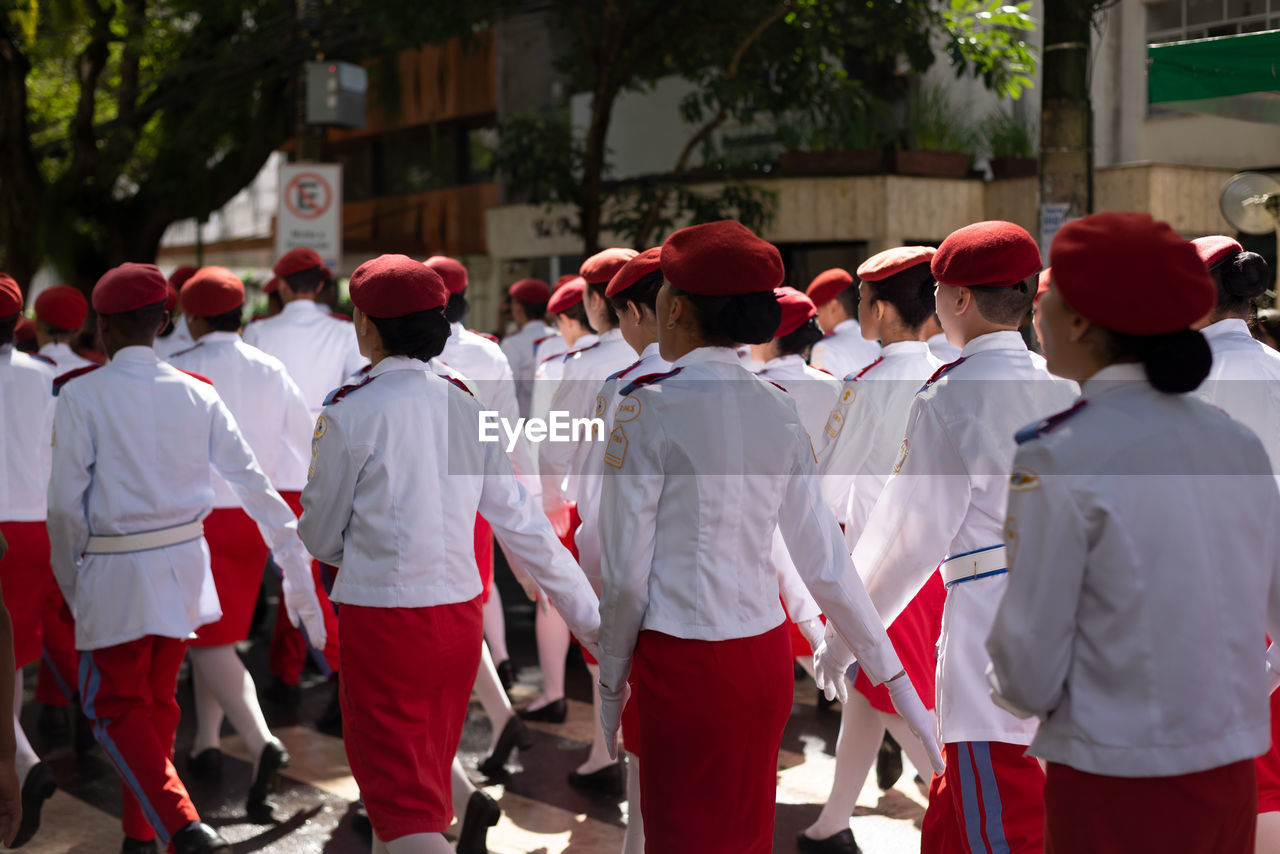 Military school students parade in the street during a tribute to brazilian independence day 