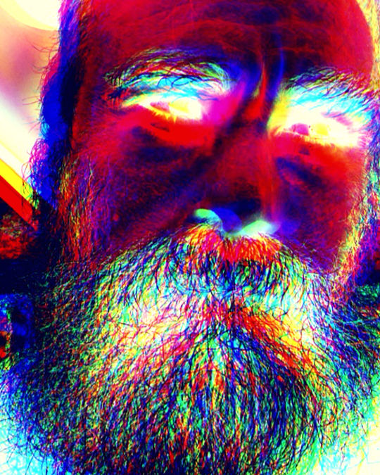 multi colored, close-up, one person, psychedelic art, portrait, adult, headshot, human face, indoors, beard, facial hair