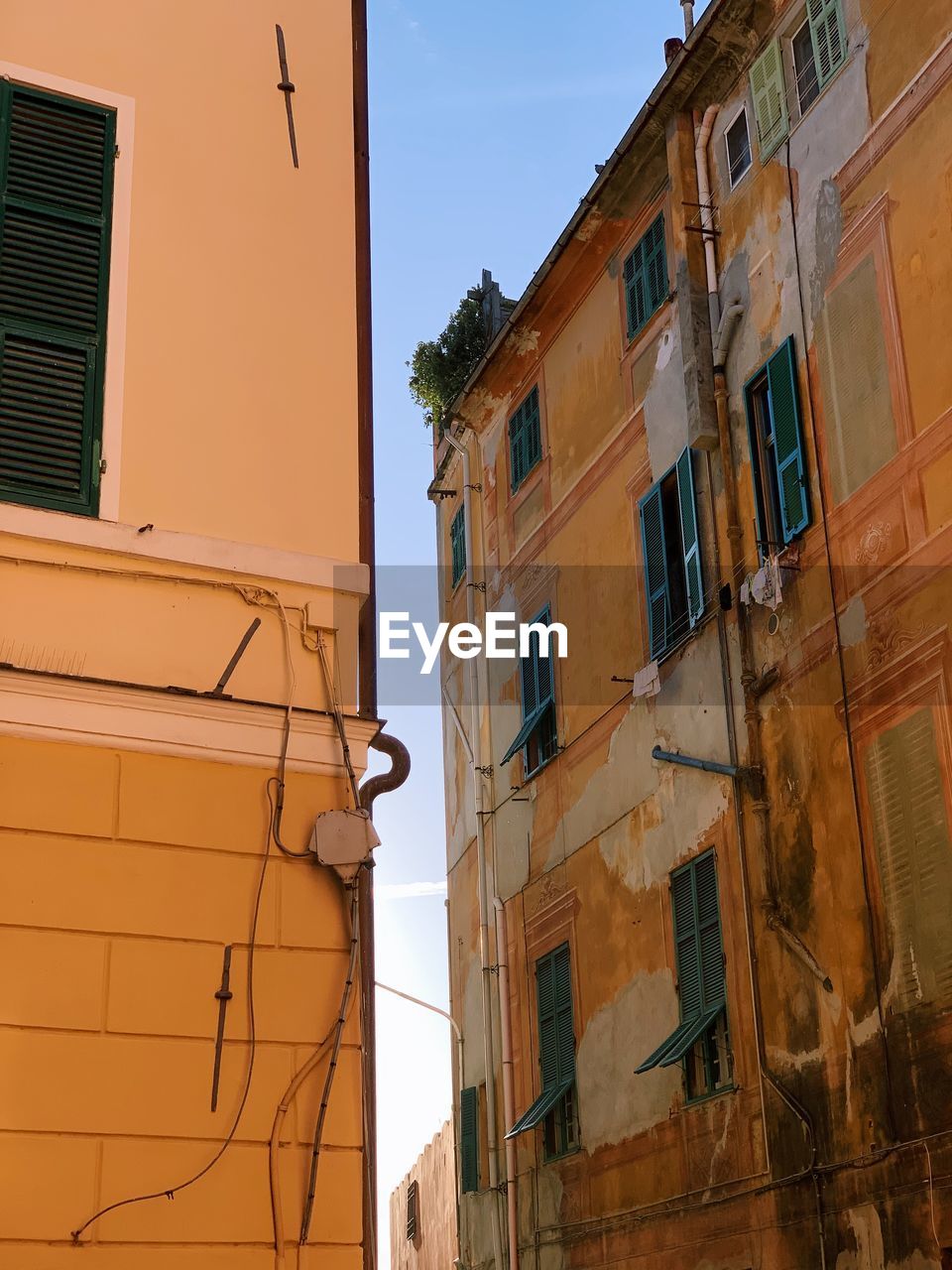 Colorful italian streets and facades on a sunny day, narrow street, perspective, ocre yellow walls