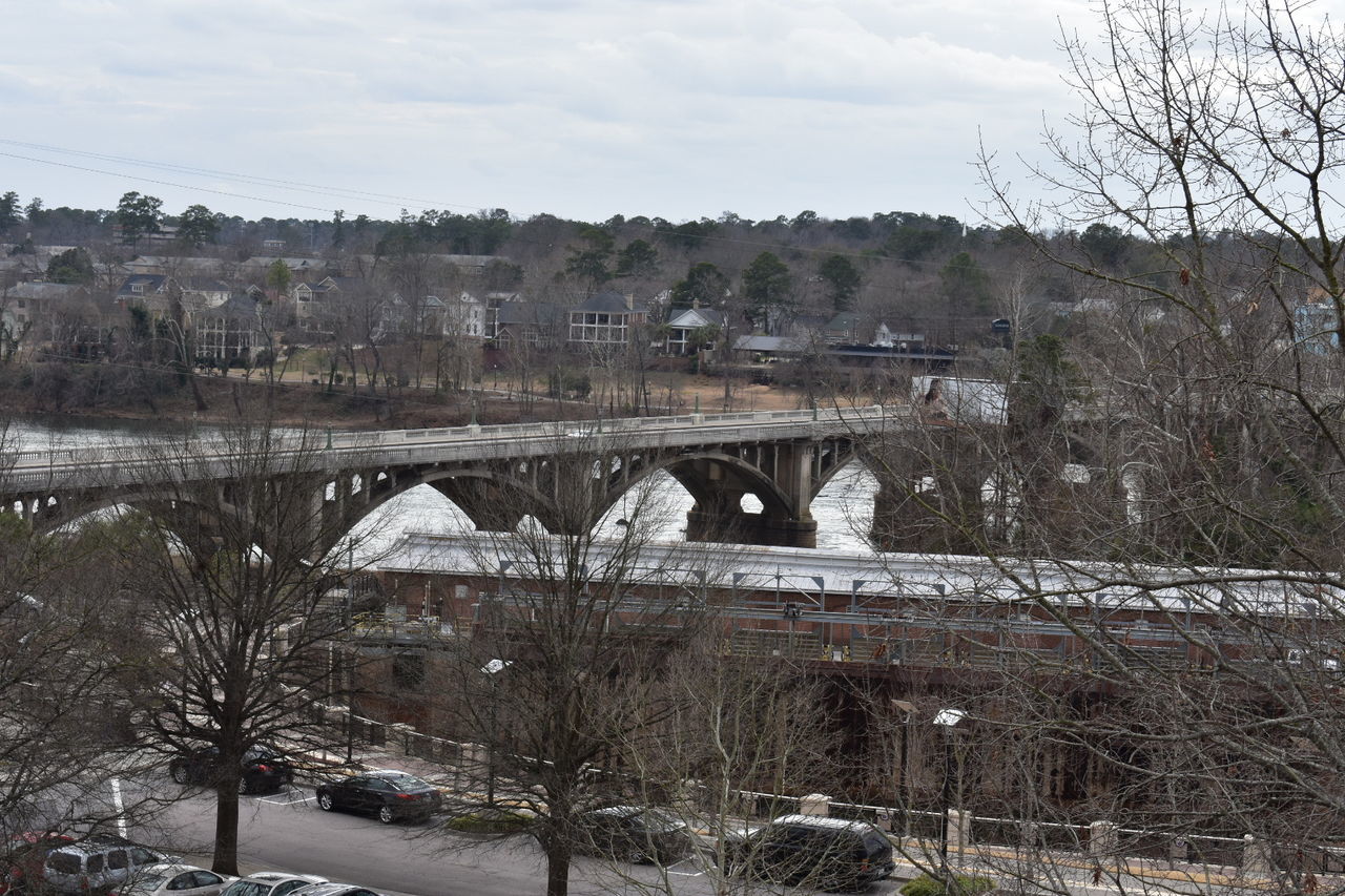 architecture, tree, built structure, transport, bare tree, snow, bridge, plant, nature, winter, transportation, sky, building exterior, cold temperature, no people, city, viaduct, day, mode of transportation, outdoors, travel destinations, urban area, building, history, cloud, travel