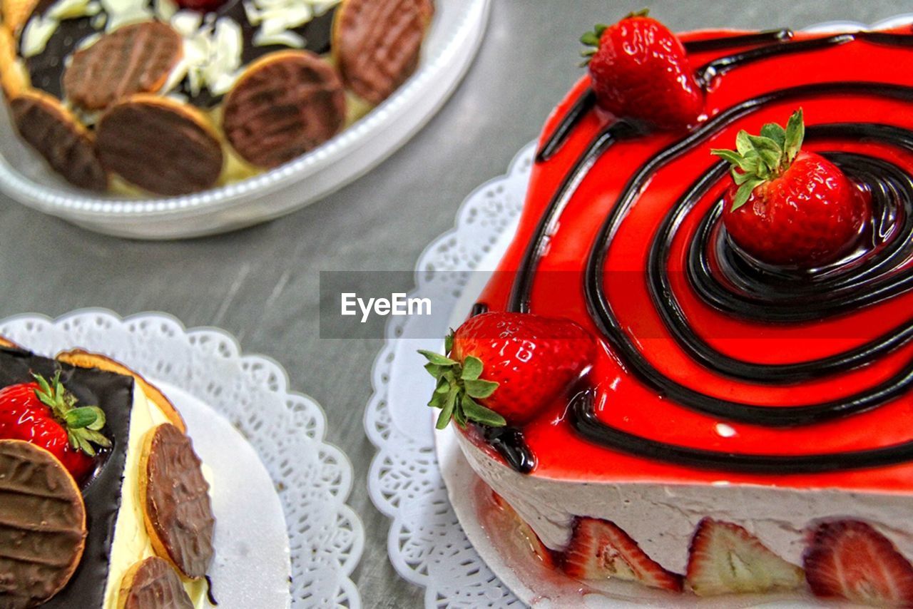 High angle view of cakes on table