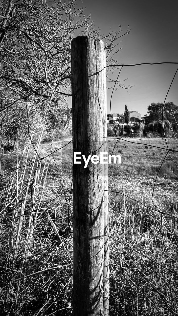 close-up of wooden post against sky