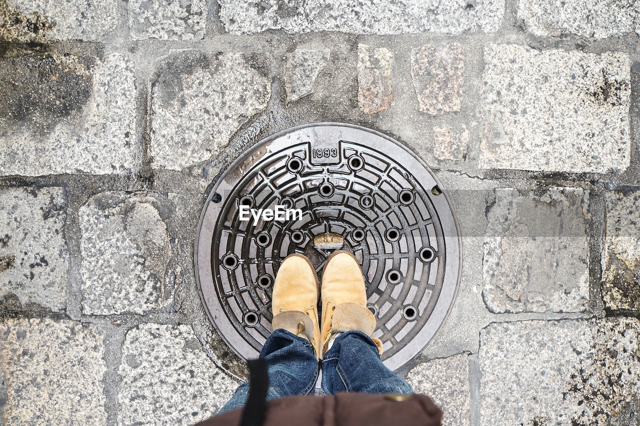 Low section of man standing on manhole